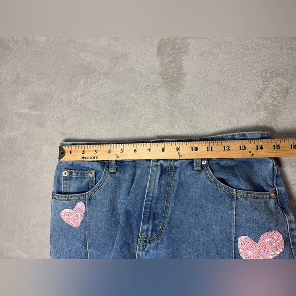 Cider Novelty Sequin Heart Patch Wide Leg High Rise Denim Blue Jeans Size Large - Picture 6 of 15